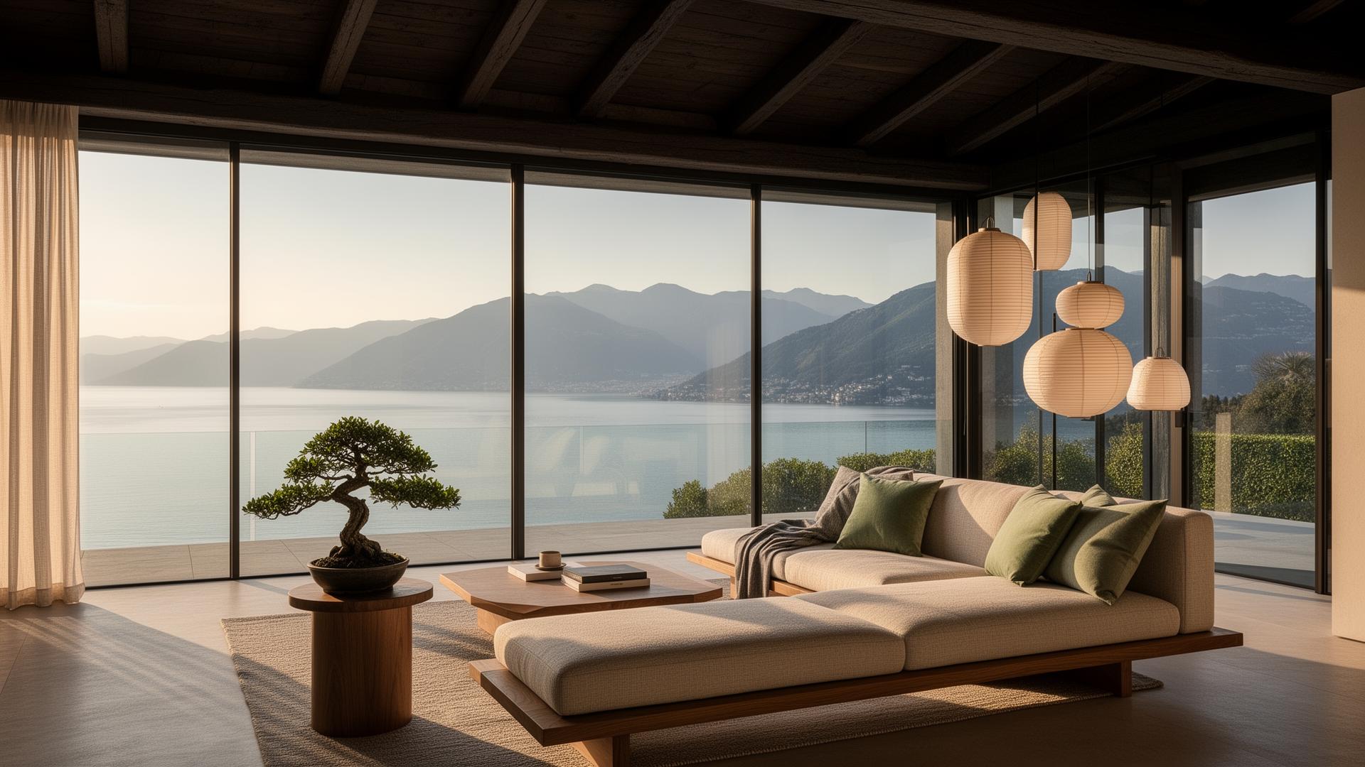 Japandi Wohnraum mit Lago Maggiore