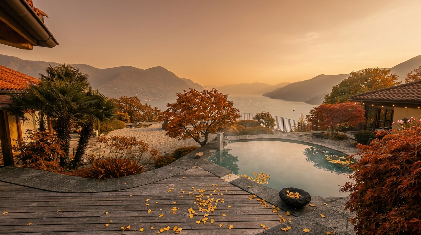 Onsen mit Blick auf den Lago Maggiore im Herbst — eine von vier möglichen Reisezeiten