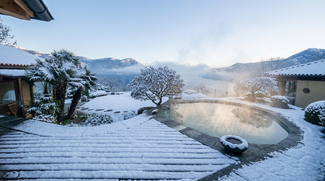 Dampfender Onsen im Schnee mit Blick auf den verschneiten Lago Maggiore